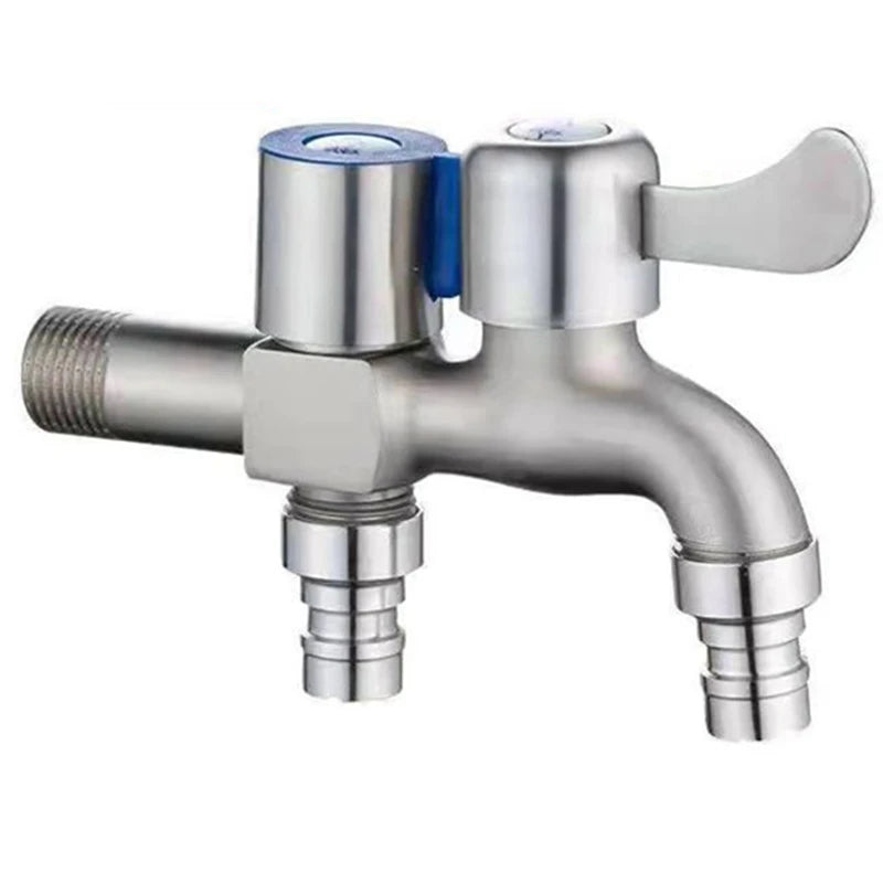 Stainless Steel Faucet Double Outlet Dual Control Water Tap One in Two Out Faucet 1/2" Bidet Faucets Bathroom Accessories
