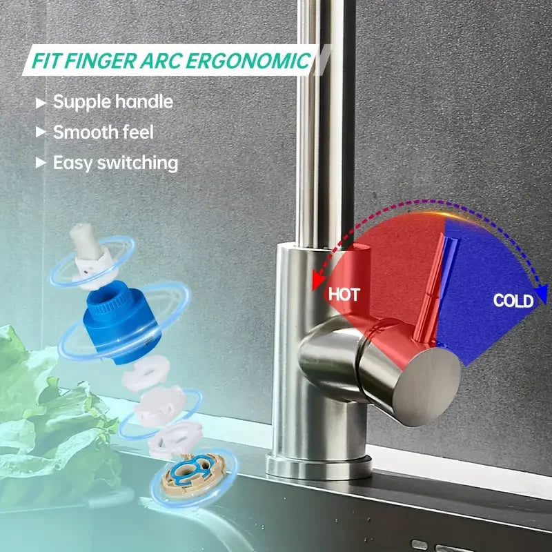 Modern Stainless Steel Pull-Out Kitchen Faucet - Sleek Design with Dual Water Outlets, 360° Rotatable & Retractable, Hot & Cold