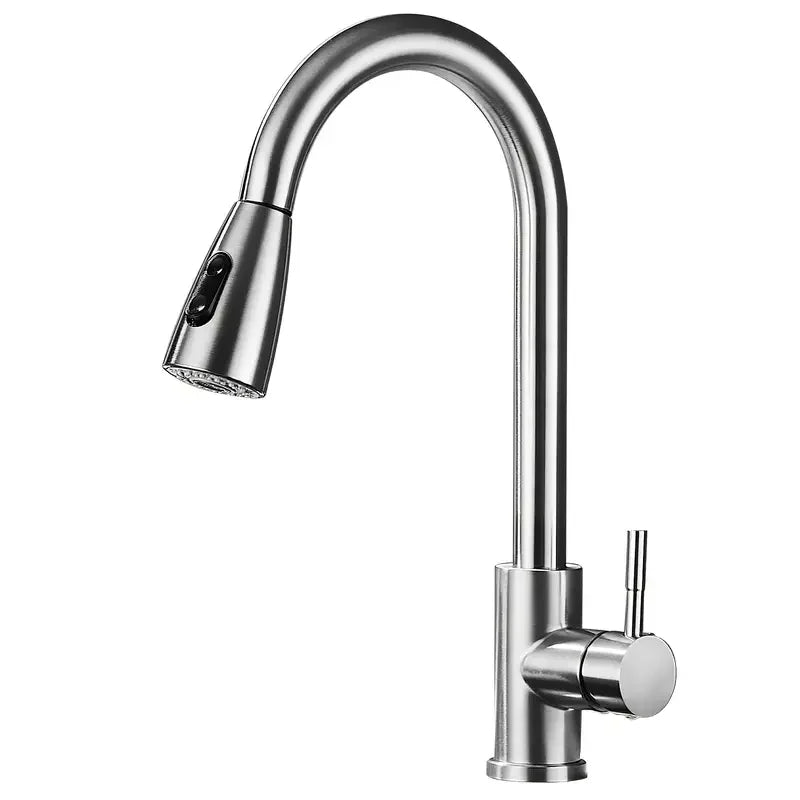 Modern Stainless Steel Pull-Out Kitchen Faucet - Sleek Design with Dual Water Outlets, 360° Rotatable & Retractable, Hot & Cold
