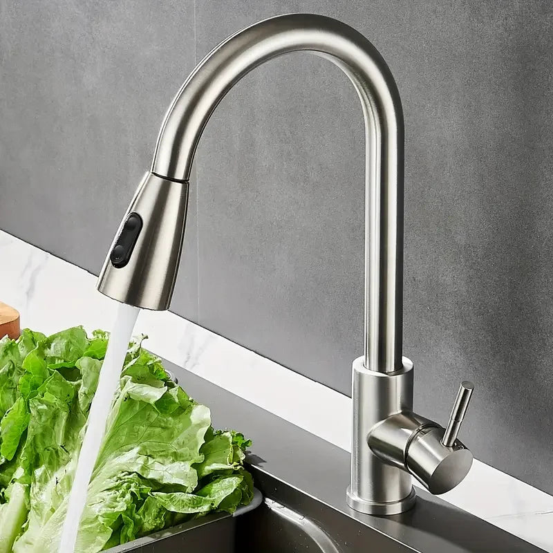 Modern Stainless Steel Pull-Out Kitchen Faucet - Sleek Design with Dual Water Outlets, 360° Rotatable & Retractable, Hot & Cold