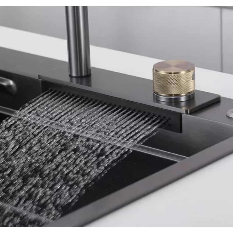 The Flying Rain faucet comes with a waterfall-like spray. It is a modern luxury faucet and a versatile faucet for kitchen sinks.