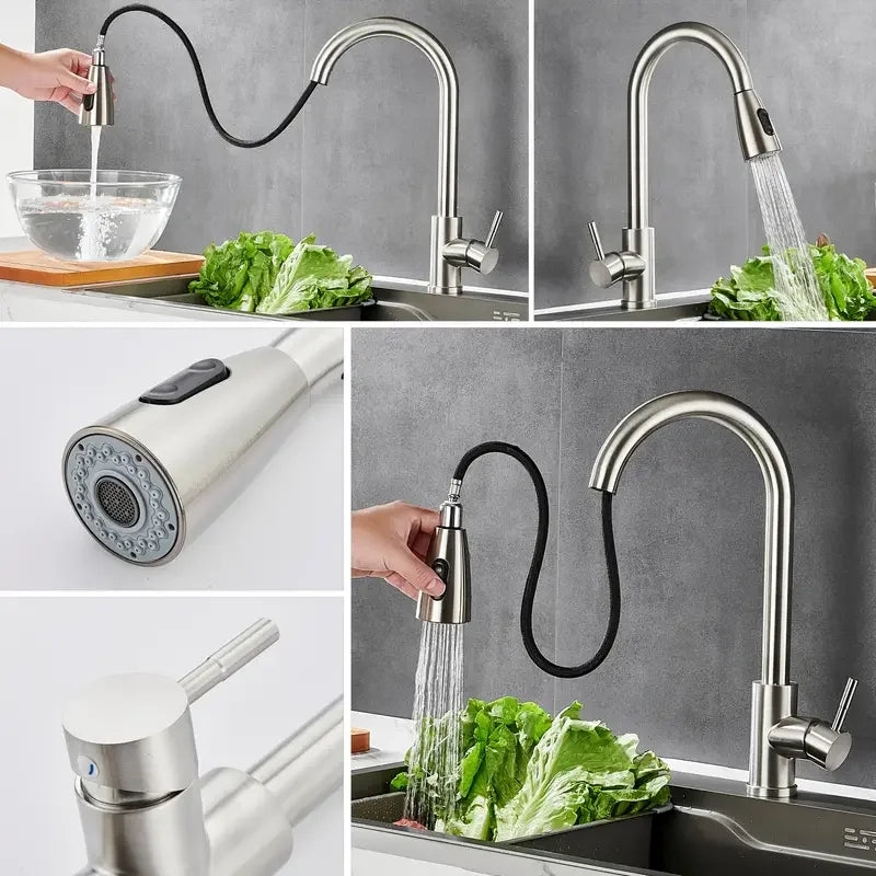 Modern Stainless Steel Pull-Out Kitchen Faucet - Sleek Design with Dual Water Outlets, 360° Rotatable & Retractable, Hot & Cold