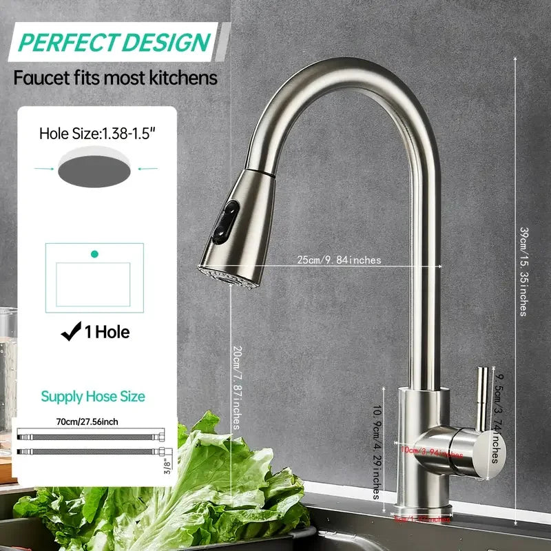 Modern Stainless Steel Pull-Out Kitchen Faucet - Sleek Design with Dual Water Outlets, 360° Rotatable & Retractable, Hot & Cold