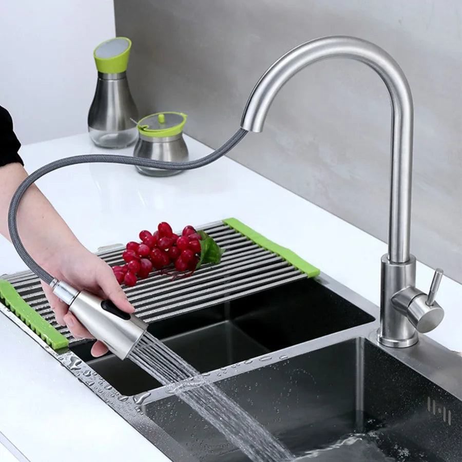 Modern Stainless Steel Pull-Out Kitchen Faucet - Sleek Design with Dual Water Outlets, 360° Rotatable & Retractable, Hot & Cold